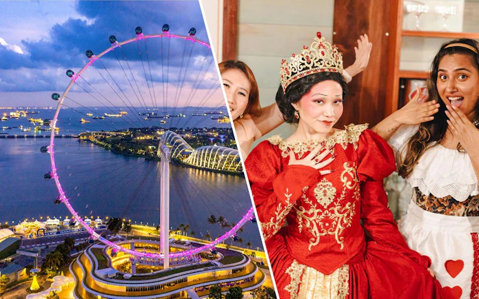 Aerial view of the illuminated Singapore Flyer; guests with Queen of Hearts at Wonderland Upside Down.
