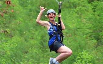 Ziplining through lush forest with modern braking system and expert guide.