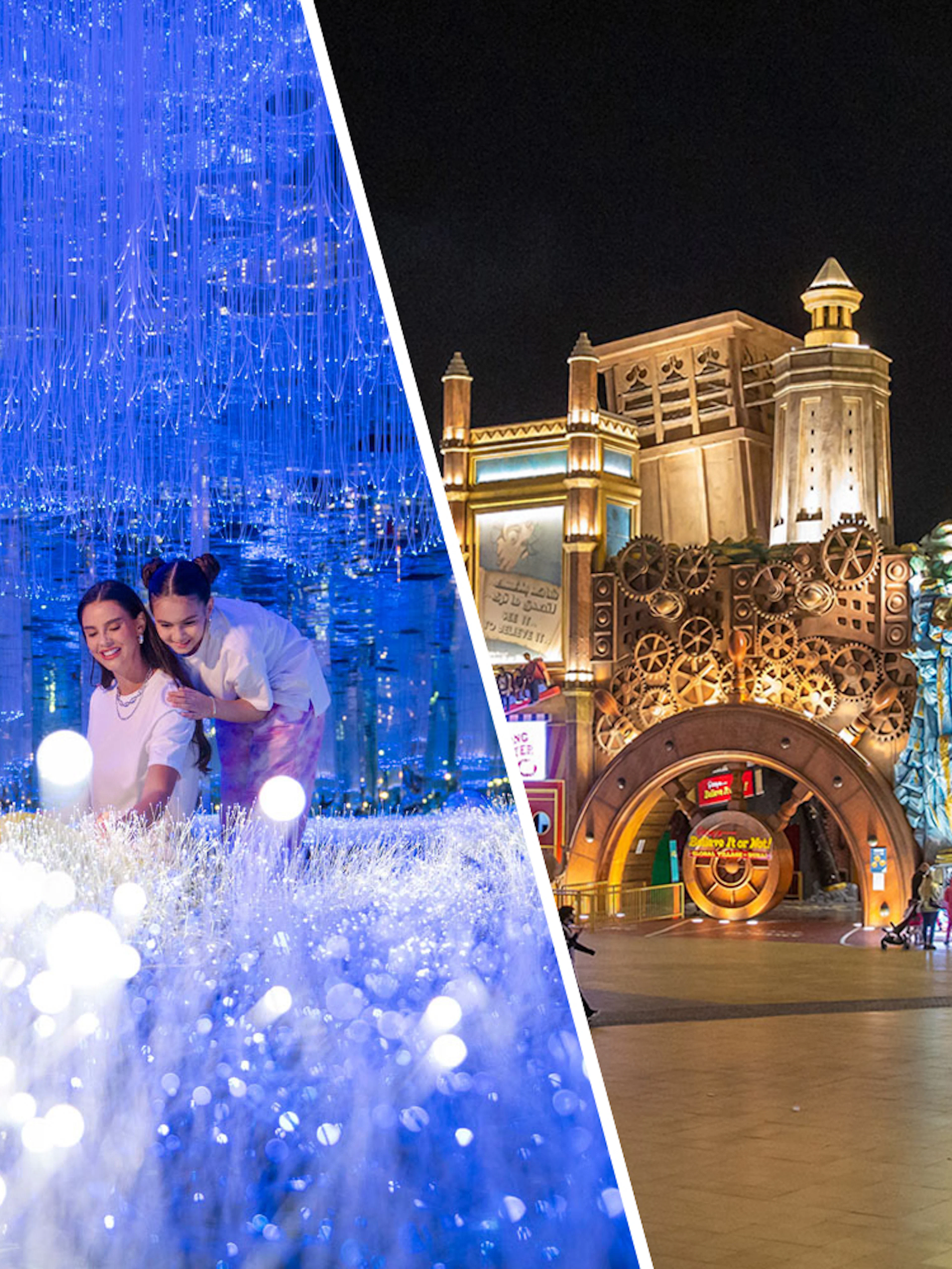 AYA Universe light installation and Global Village entrance at night, Dubai.