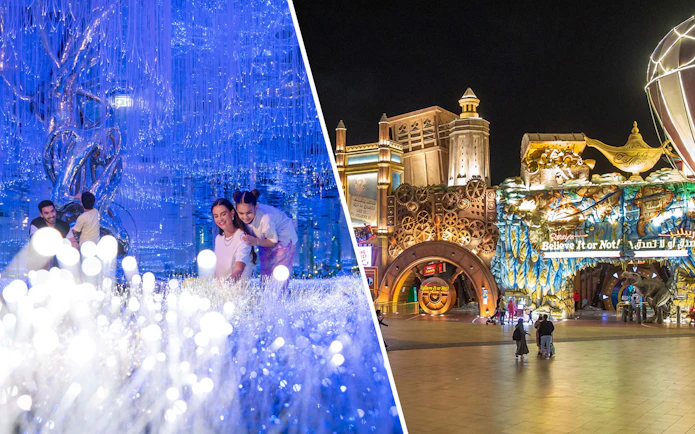 AYA Universe light installation and Global Village entrance at night, Dubai.