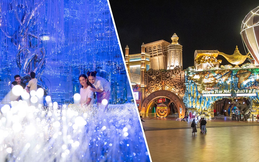 AYA Universe light installation and Global Village entrance at night, Dubai.