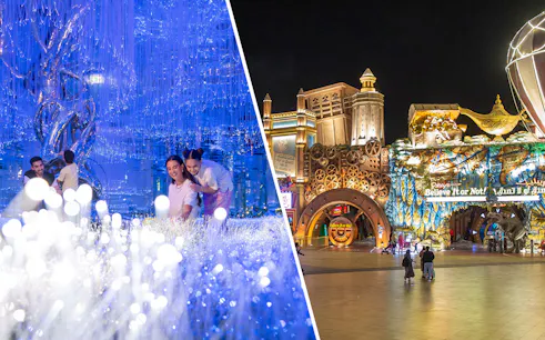 AYA Universe light installation and Global Village entrance at night, Dubai.