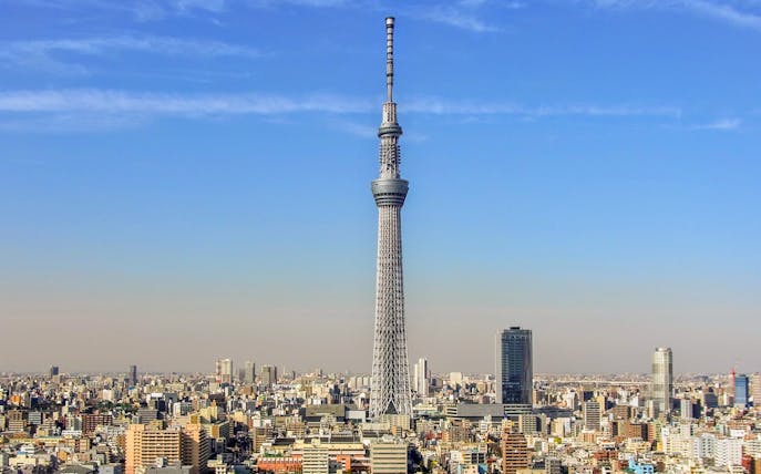 Tokyo Sky Tree towering over the city skyline under a clear blue sky.