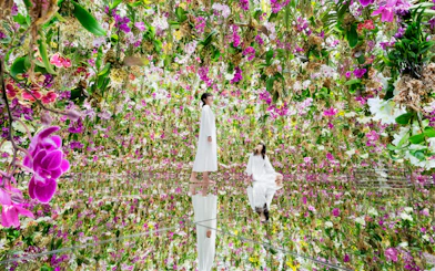 Visitors in a floral room at TeamLab Planets Tokyo immersive art exhibit.