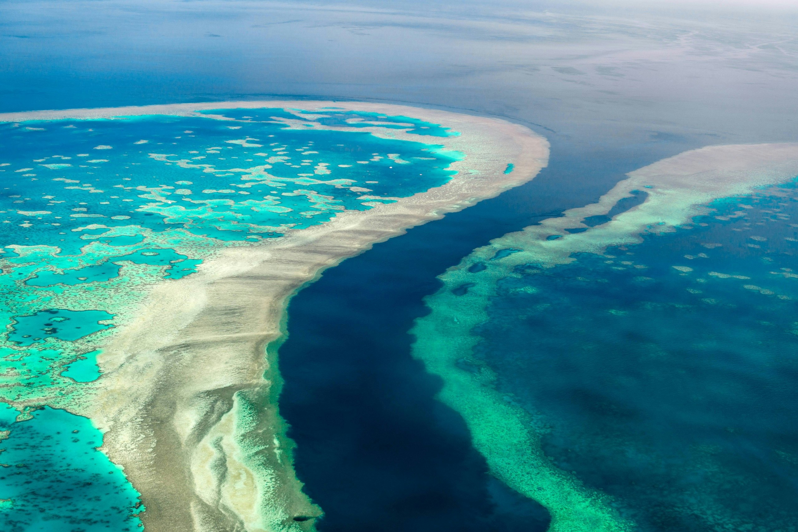 Aerial view of the Great Barrier Reef's coral formations in Whitsundays, Australia.