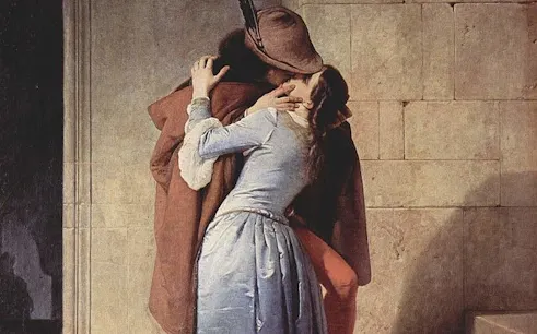 Painting of a couple kissing, featured in Pinacoteca di Brera, Milan.