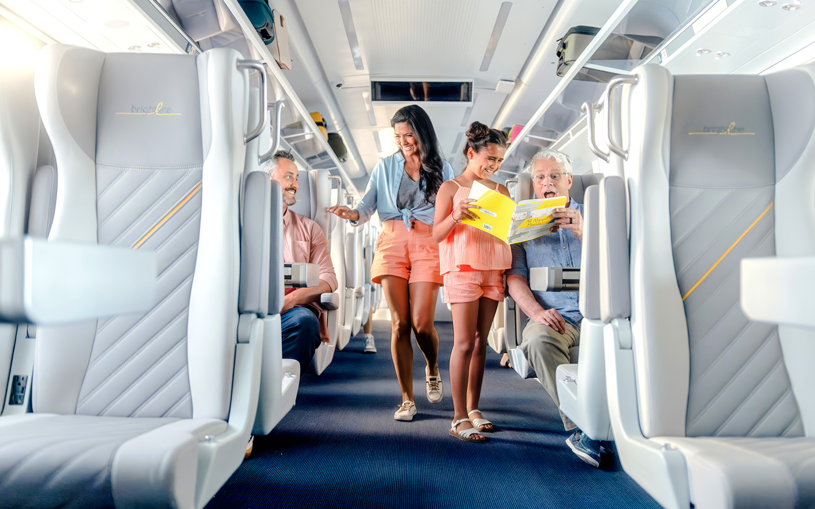 Passengers enjoying a ride on the Brightline train from Miami to Orlando.
