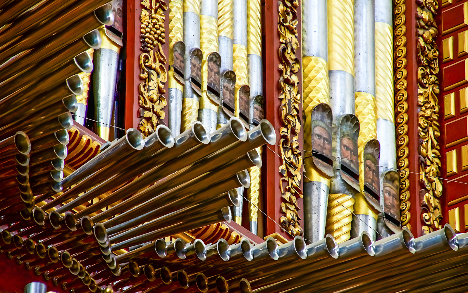 Ornate organ pipes inside Cordoba Mosque-Cathedral, Spain.