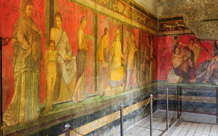 Ancient frescoes in the Villa of the Mysteries, Pompeii, Italy.