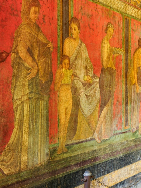 Ancient frescoes in the Villa of the Mysteries, Pompeii, Italy.