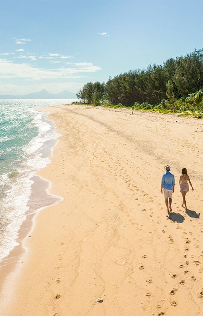 Couple walking on a sandy beach at Frankland Islands, with ocean and trees in the background.