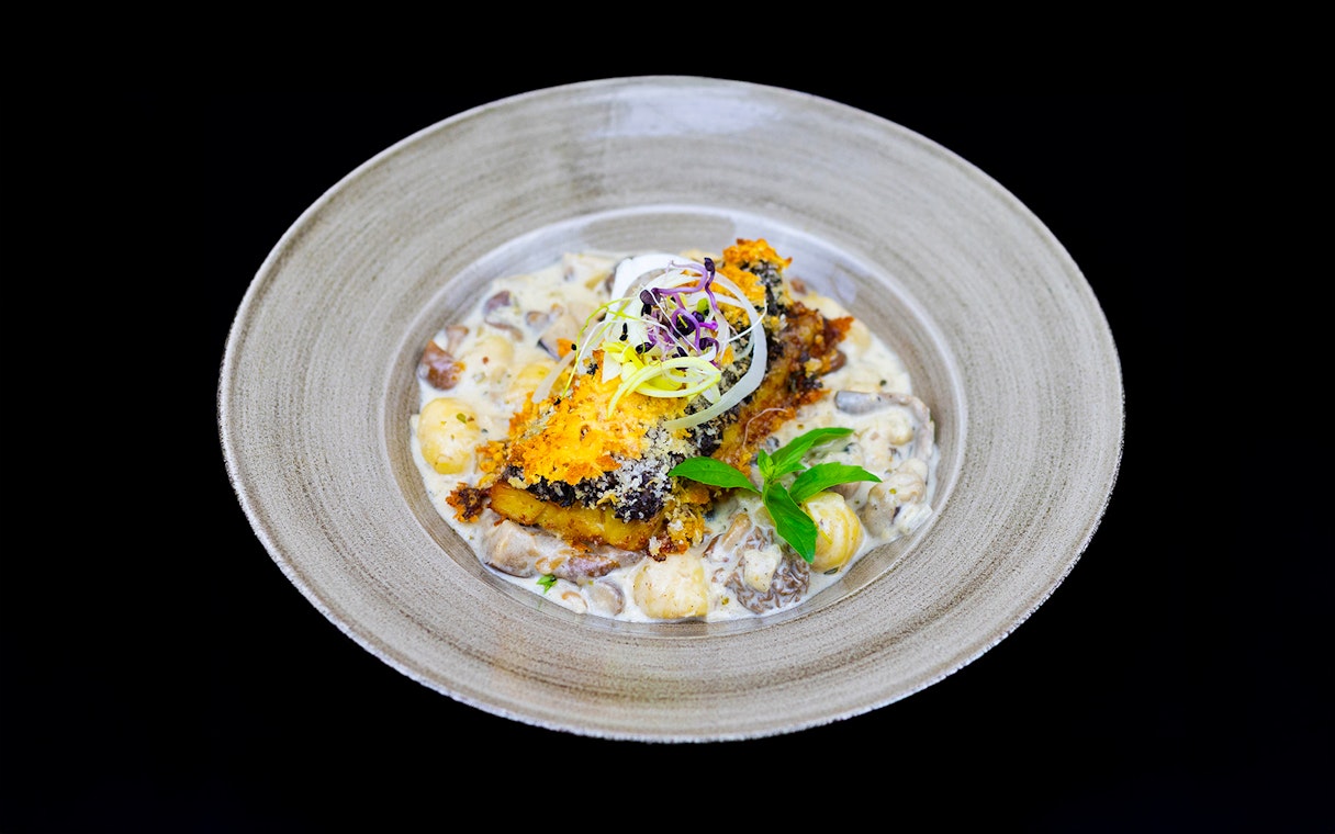 Grilled fish with creamy gnocchi served on Budapest Dinner Cruise.