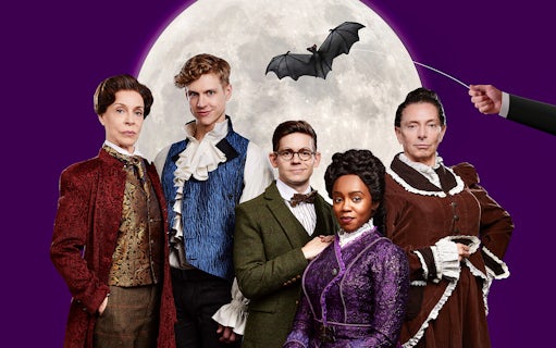 Cast of "Dracula, A Comedy of Terrors" in period costumes with a bat silhouette against a full moon.