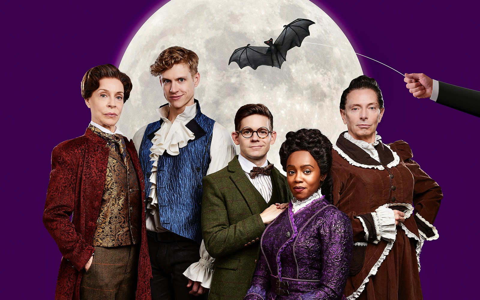 Cast of "Dracula, A Comedy of Terrors" in period costumes with a bat silhouette against a full moon.