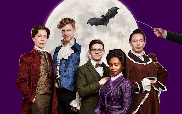 Cast of "Dracula, A Comedy of Terrors" in period costumes with a bat silhouette against a full moon.
