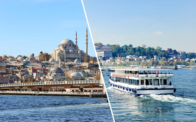 Süleymaniye Mosque and ferry on the Bosphorus, Istanbul.