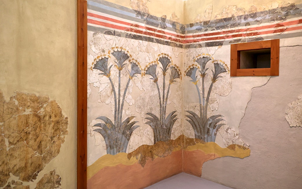 Murals of blue lilies inside Akrotiri Excavations, Santorini.
