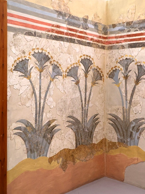 Murals of blue lilies inside Akrotiri Excavations, Santorini.