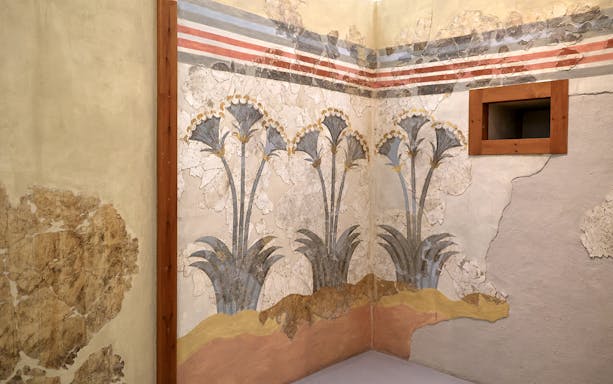 Murals of blue lilies inside Akrotiri Excavations, Santorini.