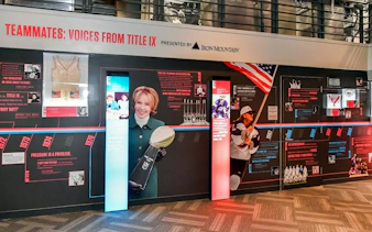Exhibit on Title IX history at The Sports Museum, Boston featuring sports memorabilia and athletes.