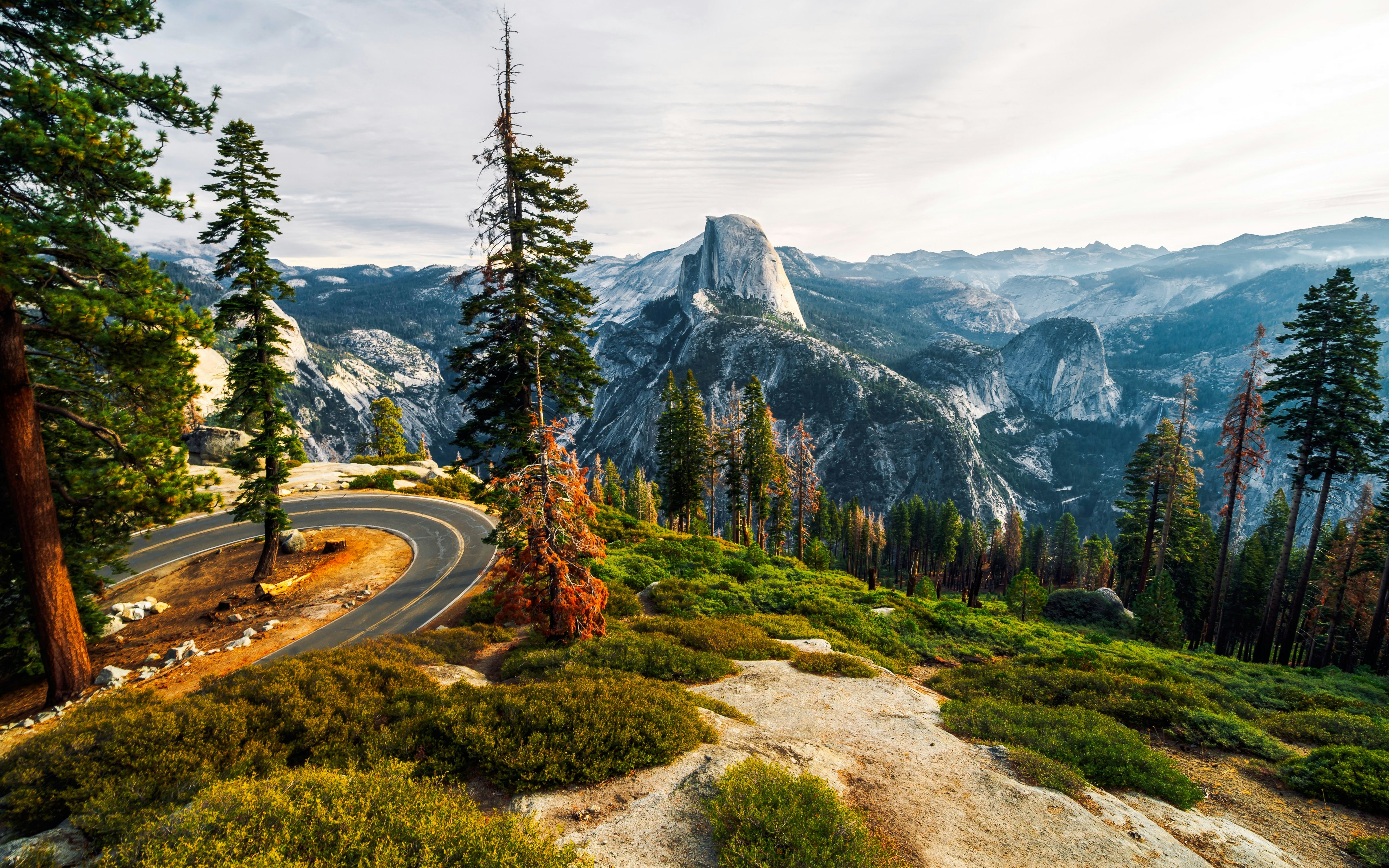 Winding road with view of Half Dome from Glacier Point, Yosemite National Park.