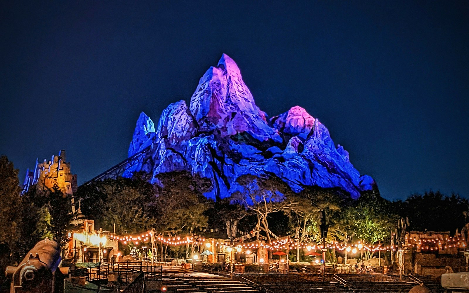Expedition Everest ride illuminated at night in Walt Disney World, Orlando.