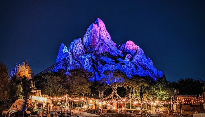 Expedition Everest ride illuminated at night in Walt Disney World, Orlando.