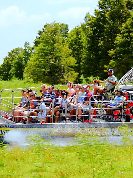 People riding an airboat through the Everglades, Florida.