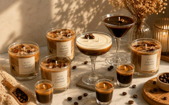 Candle-making setup with iced coffee candles and coffee beans at Krakow workshop.