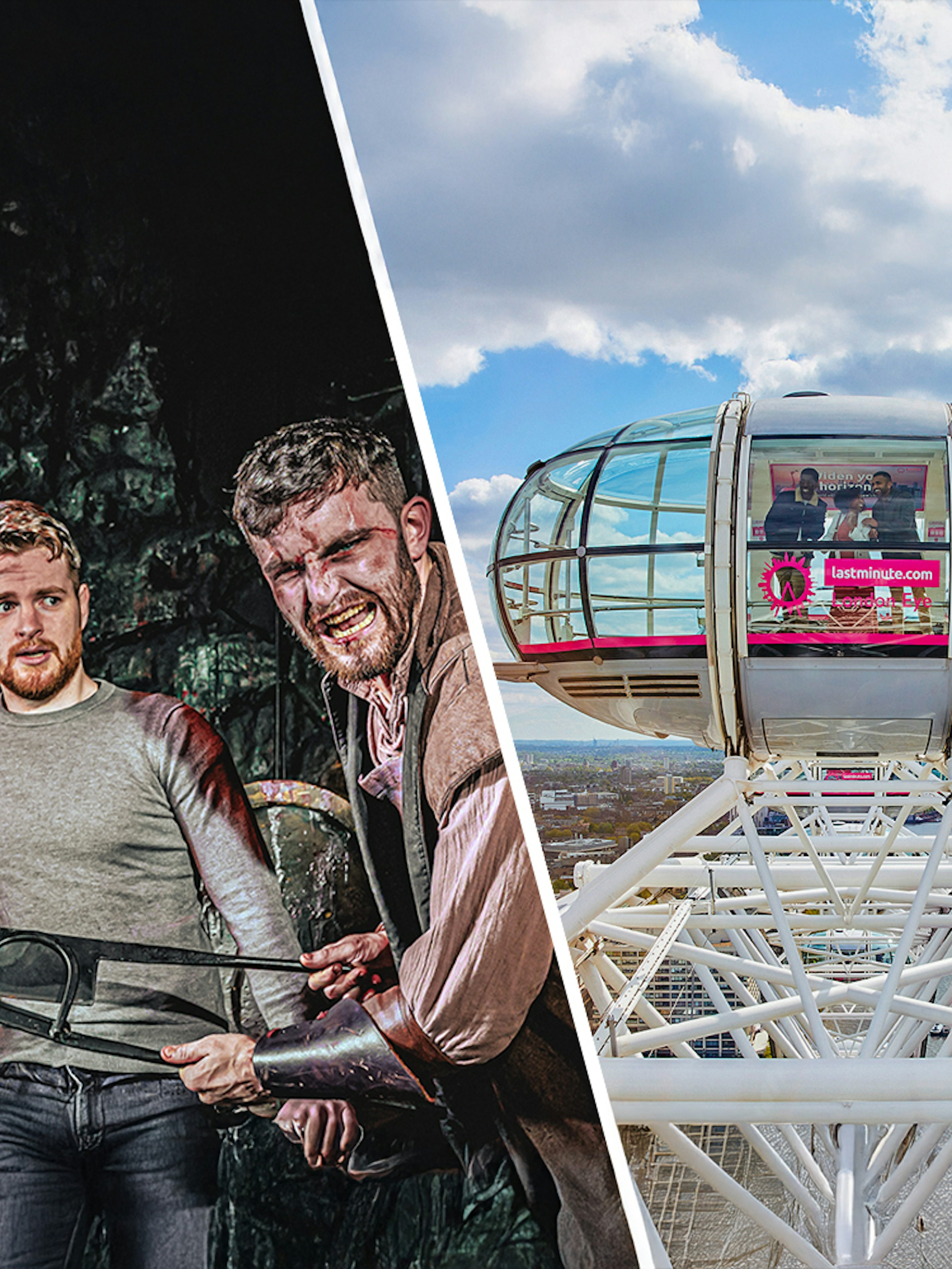 Visitors experiencing the London Dungeon and a view from the London Eye capsule.