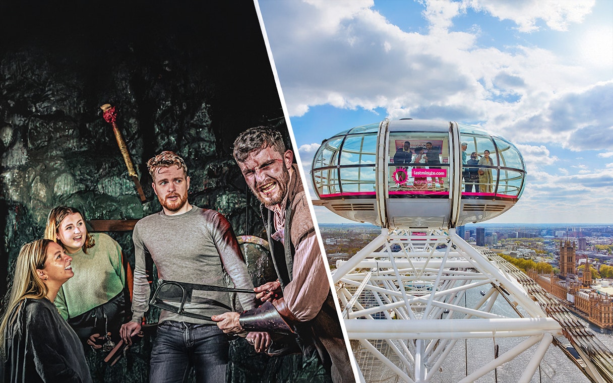 Visitors experiencing the London Dungeon and a view from the London Eye capsule.