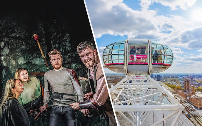 Visitors experiencing the London Dungeon and a view from the London Eye capsule.