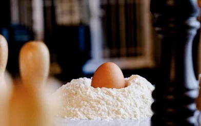 Egg nestled in flour for pasta making in Florence cooking class.