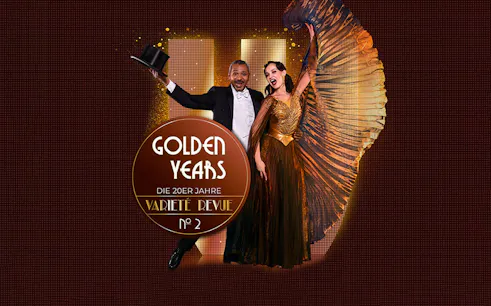 Performers in 1920s attire for Golden Years Varieté Revue No 2, holding a top hat and fan.