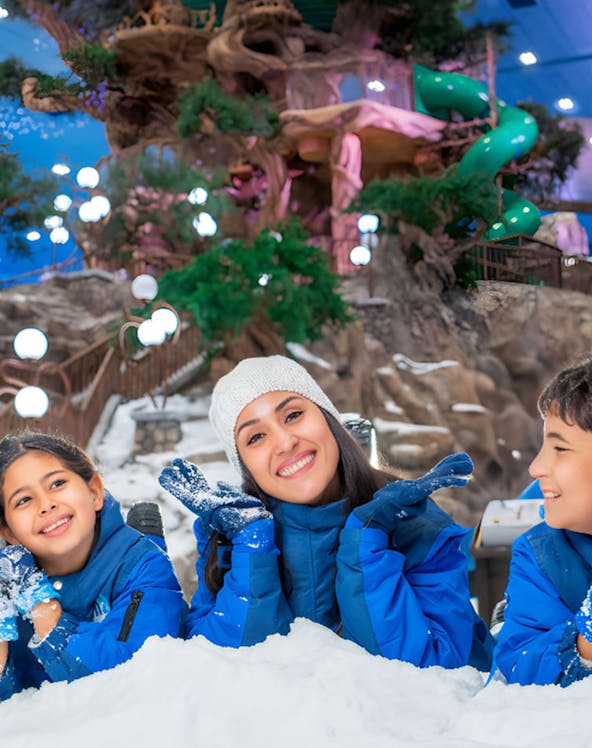 Family enjoying indoor snow park with treehouse and slides, part of Meal Deal experience.