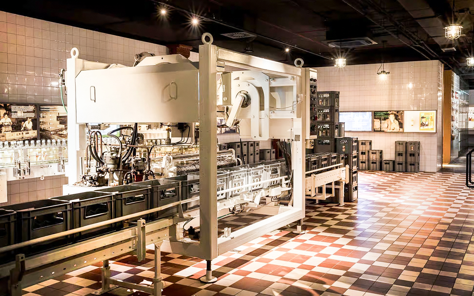 Vodka bottling machinery at a factory museum in Krakow.