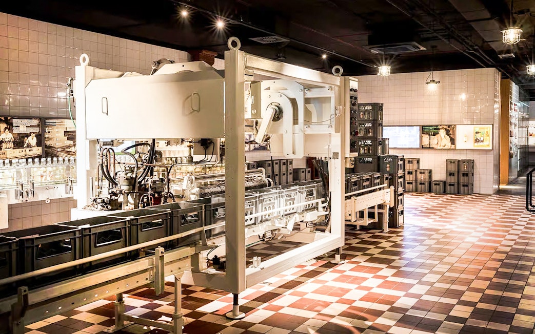 Vodka bottling machinery at a factory museum in Krakow.