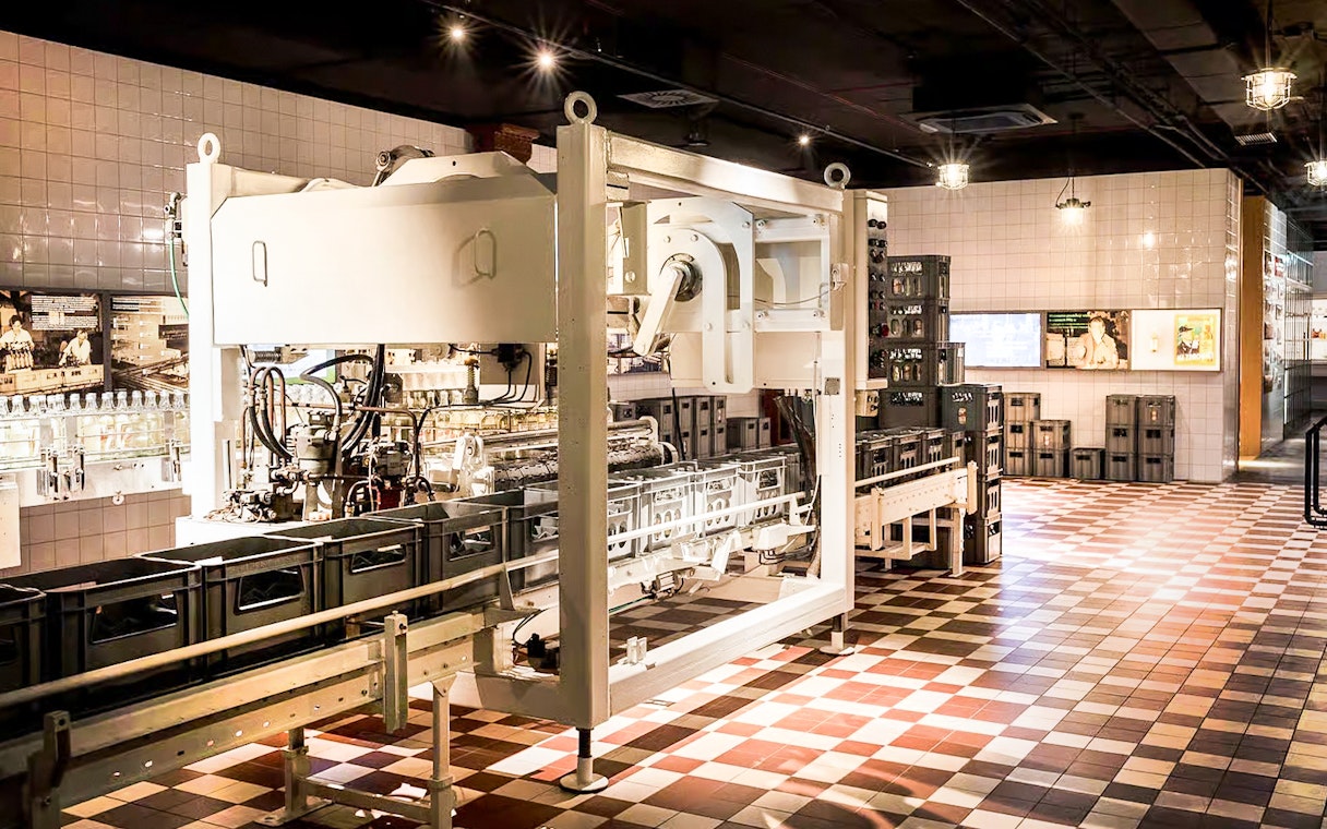 Vodka bottling machinery at a factory museum in Krakow.