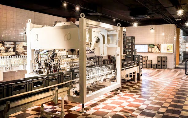 Vodka bottling machinery at a factory museum in Krakow.