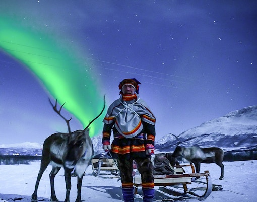 Reindeer sledding under Northern Lights in Tromso, Norway.