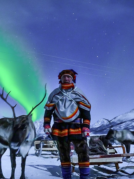 Reindeer sledding under Northern Lights in Tromso, Norway.