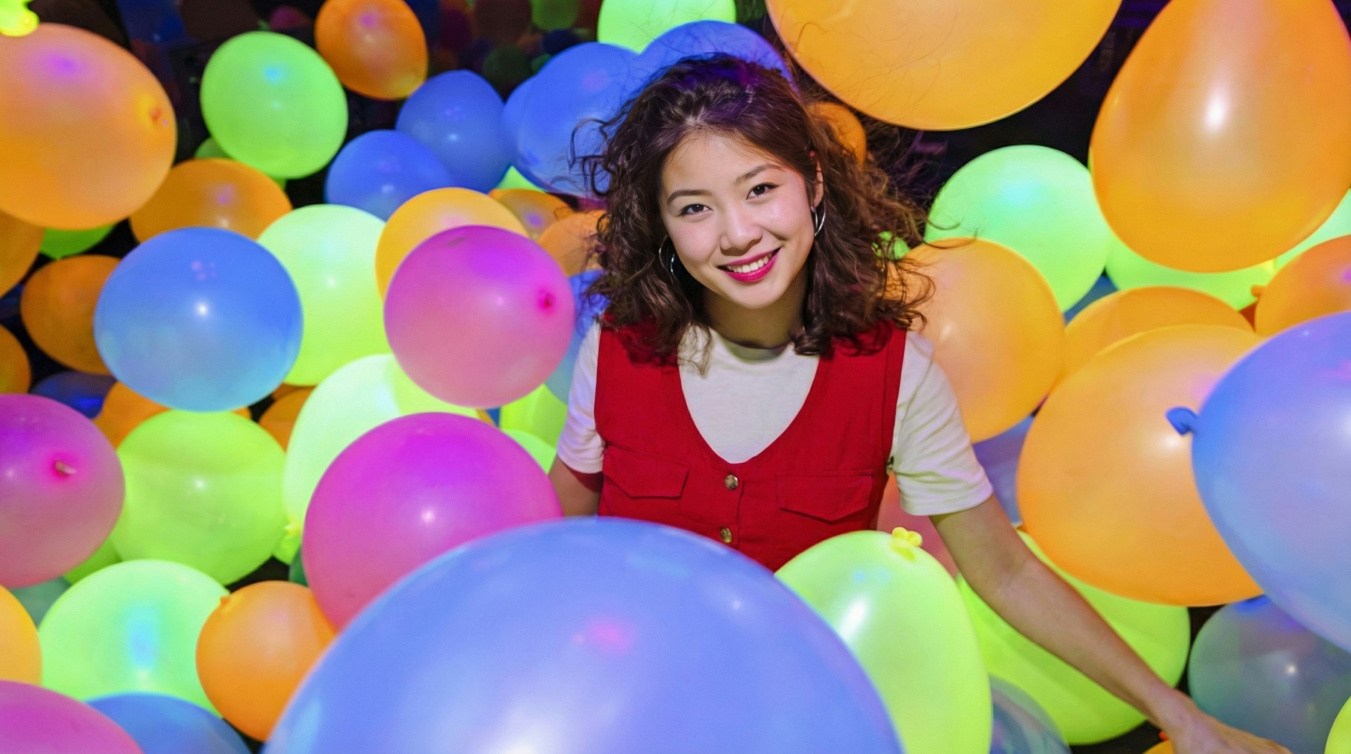Lady surrounded by colorful balloons at Dopamine Land multisensory experience.