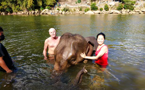 Visitors interacting with an elephant in a river at an ethical sanctuary near Bangkok.