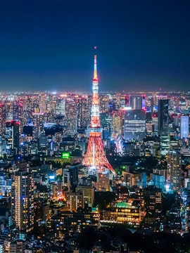 Tokyo Tower illuminated at night, viewed from Roppongi Hills Observation Deck.
