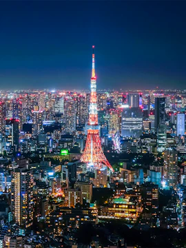Tokyo Tower illuminated at night, viewed from Roppongi Hills Observation Deck.