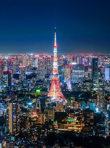 Tokyo Tower illuminated at night, viewed from Roppongi Hills Observation Deck.