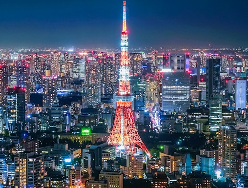 Tokyo Tower illuminated at night, viewed from Roppongi Hills Observation Deck.