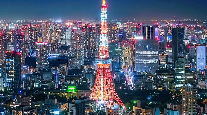 Tokyo Tower illuminated at night, viewed from Roppongi Hills Observation Deck.
