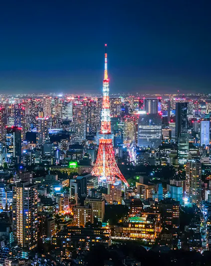 Tokyo Tower illuminated at night, viewed from Roppongi Hills Observation Deck.