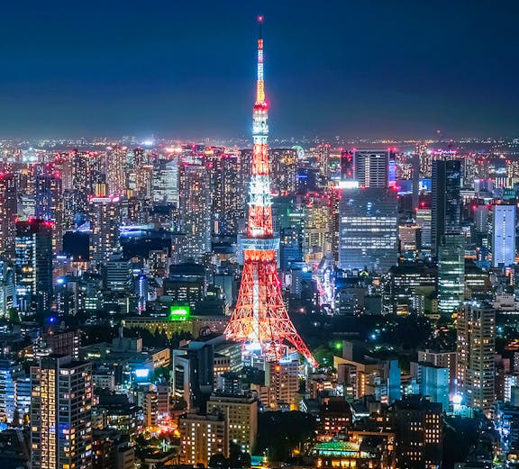 Tokyo Tower illuminated at night, viewed from Roppongi Hills Observation Deck.
